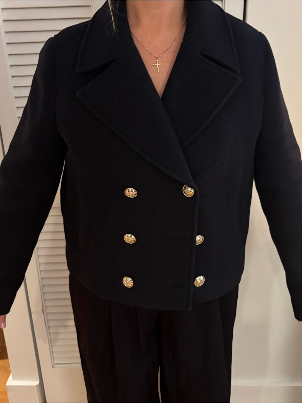 Zara Black Double-Breasted Peacoat with Gold Buttons